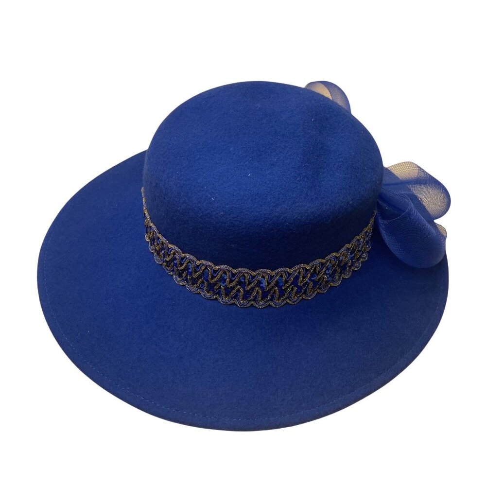 Glory II Womens Blue Wool Dress Hat With Decorative Band & Mesh Bow